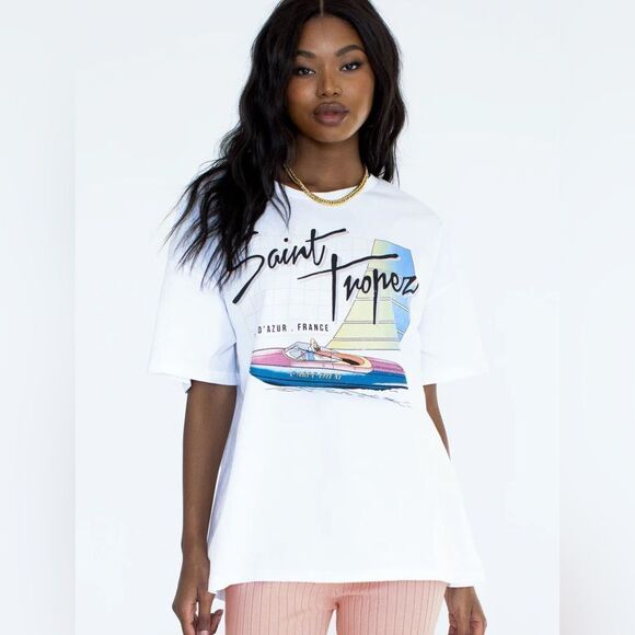 Princess Polly oversized white graphic tee Saint Tropez - Picture 1 of 12